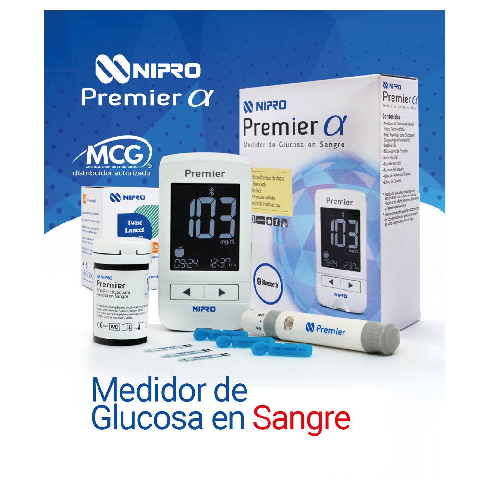 Glucómetro NIPRO Premier Alpha con 10 tiras y 10 lancetas