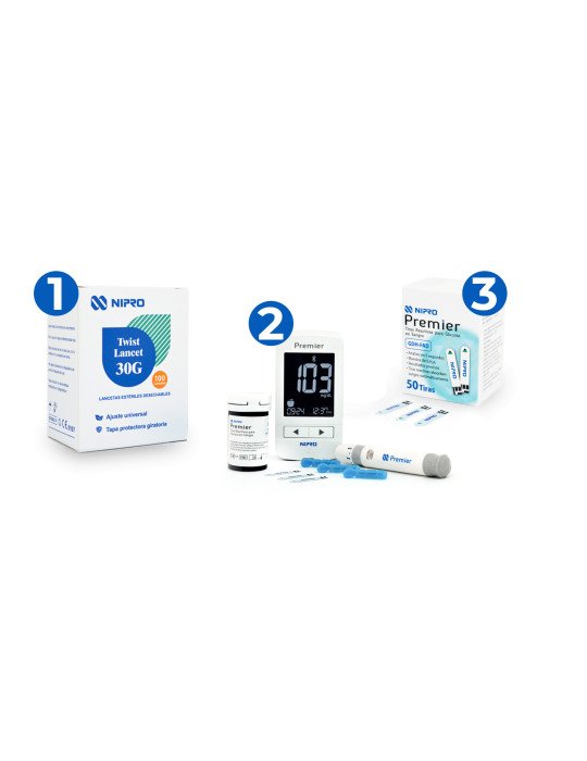 Kit Completo NIPRO Premier Alpha con 50 tiras y 100 lancetas